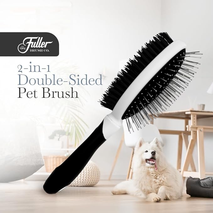 Fuller Brush 2-in-1 Double-Sided Pet Brush - Electroplated Round-Ended Steel Pins Positioned Into a Flexible Cushion on One Side & Nylon Bristles - Remove Shedding - Tool For Grooming Dogs & Cats-PurrikoPets