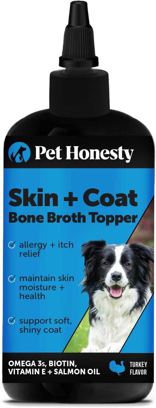 Dog Skin and Coat Supplement with Salmon Oil for Dogs - Allergy Itch Relief + Skin & Coat Health, Dog Food Topper Bone Broth with Salmon Oil, Collagen, Biotin + Vitamin E (12 oz)-PurrikoPets