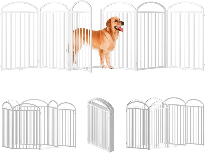 6 Panles Full Matel Freestanding Dog Gates with Door, 144"Extra Wide 36"Tall Free Standing Dog Pet Gate for Indoor & Outdoor. Foldable Pet Fences for Doorways, House, Stairs, Porch, Deck, Yard-PurrikoPets
