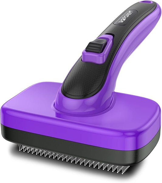 Dogs Cats Self Cleaning Slicker Brush for Shedding & Grooming Any Breed of Pets, Removes Loose, Undercoat, Mats, Tangled Hair for Small Medium Large Animal With Long Short Fur Length, Purple-PurrikoPets