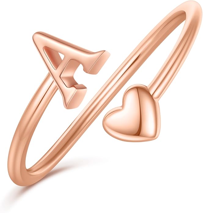 Initial Rings for Women Girls - Valentines Day Gifts for Her, Adjustable Rings for Women Non Tarnish Letter A-Z Dainty Heart Ring Teen Girls Gifts Trendy Stuff Personalized Jewelry Gift