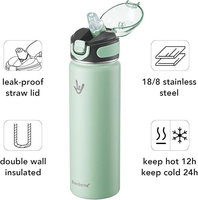 Enerbone 24 oz Insulated Water Bottle, Stainless Steel Bottle with Carrying Strap, Double-Wall Vacuum Insulation Design, Leakproof Sports Bottle with Straw, Keep Drinks Cold or Hot for Hours-PurrikoPets