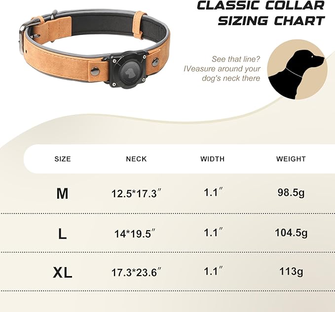 AirTag Dog Collar - Leather Dog Collar with Air Tag Holder | IPX8 Waterproof, Reflective, High - End, Adjustable Soft Padded | Dog GPS Tracker Collars Fit for Medium Large Dogs (Light Brown, L)-PurrikoPets