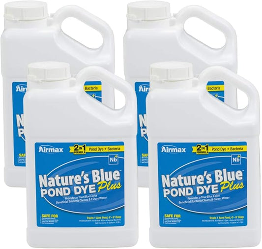 Airmax Pond Dye Plus, Nature's Blue Colorant & Natural Beneficial Bacteria, Large Pond & Lake Water Clarifier & Color Treatment, Shade Plants & Algae from Sunlight, Fish & Livestock Safe, 4 Gallons-PurrikoPets