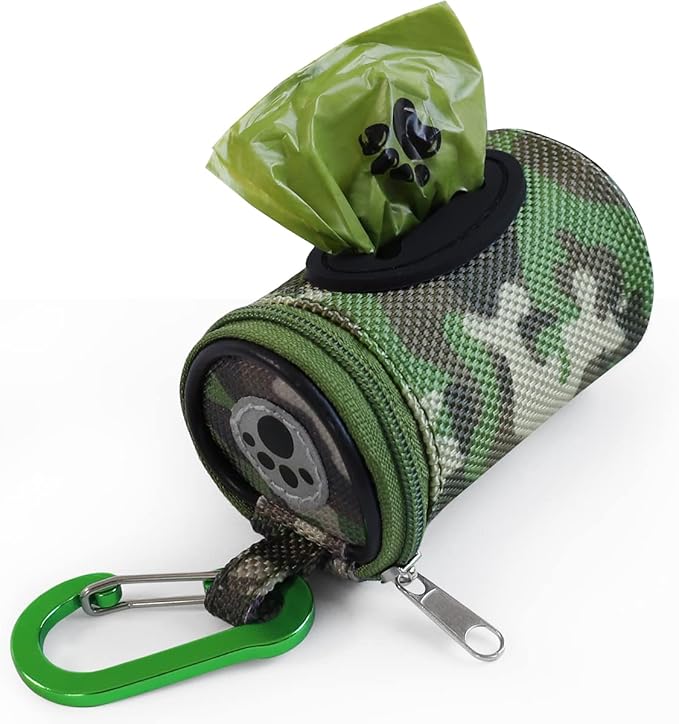 Dog Poop Bag Holder for Leash Doggie Waste Bag Dispenser Puppy Potty Carrier Small Doggy Zipper Pouch with Carabiner Clip 1680D Nylon Oxford with 1 Roll of Pet Trash Bags, Woodland Camo-PurrikoPets