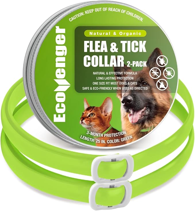 EcoVenger Flea & Tick Collar Repellent 2-Pack Green, Fits Both Dogs & Cats, Built-in Pant-Based Formula Strong Repellency Slow Release, Lasting Deterrence and Protection, Pleasant Aroma, Waterproof-PurrikoPets