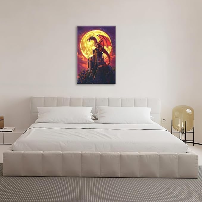 Dragon Bathroom Pictures Wall Art, Red Dragon Castle Bathroom Wall Decor, Framed Painting Canvas Artwork for Bedroom Living Room Decorations 24"L x 16"W-PurrikoPets