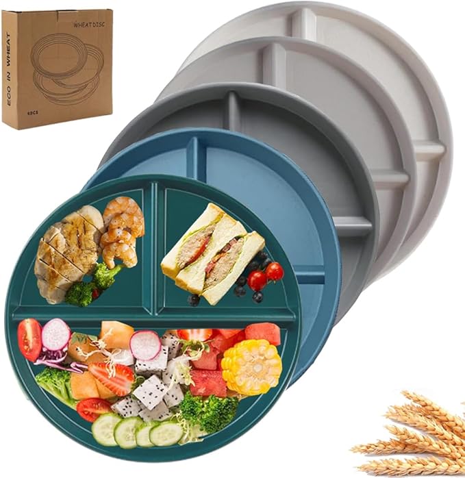 9" Unbreakable Divided Plates Set of 5, Wheat Straw Plate Reusable Dinnerware Portion Control Plate, Round Bariatric Plastic Plate for Kids Adults, BPA-free, Dishwasher Safe-PurrikoPets