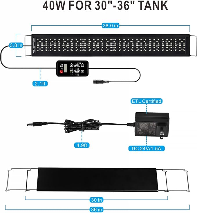 Advanced 7-Row LED Aquarium Light, Easy Setup Controller, Auto On Off Full Spectrum Fish Tank Light, 24/7 Lighting Cycle, 8 Colors, 10 Level Dimming, 40W for 30"-36" Freshwater Planted Tank-PurrikoPets