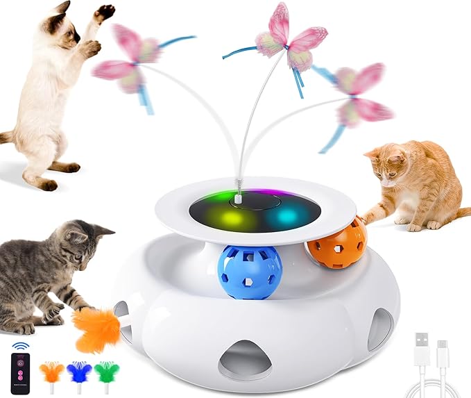 3in1 Interactive Cat Toys Moving Ambush Feather, Spinning Butterfly, Track Balls, Rechargeable Automatic Activated Kitten Toys for Indoor Cats, Cat Feather Toy for All Breeds-PurrikoPets