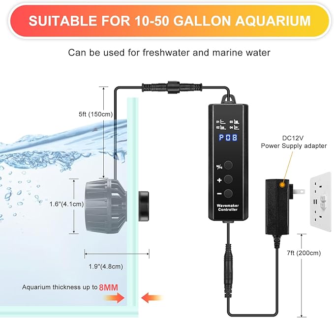 1050GPH Aquarium Wave Maker with Controller Mini DC12V 6W Powerhead with Magnetic Mounting, Nano Wavemaker for 10 to 50 Gallon thickness up to 8mm(1/4") Tank,-PurrikoPets