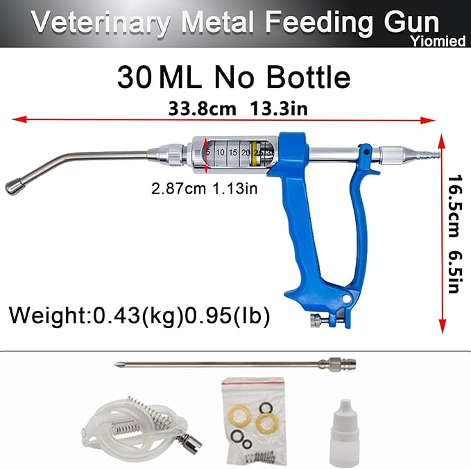 30ML Veterinary Metal Feeding Gun, Continuous Drench Gun Dosing Device Veterinary Adjustable Medicine Dispenser Husbandry Autonomous Feeding Tool, for Pig Cow, Sheep, Horse (Blue, 30ML No Bottle)-PurrikoPets