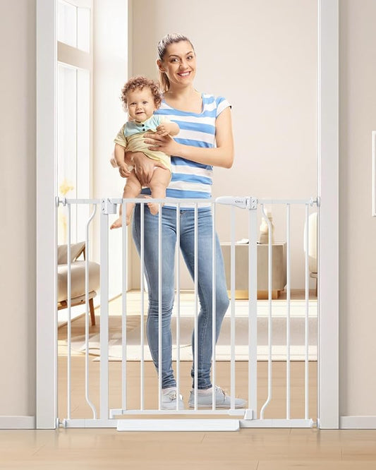 34" Extra Tall Baby Gate for Stairs, Auto Close Stroller Friendly Dog Gate Indoor for Doorways, Pressure Mounted 29"-40" W Baby Gate, Easy Walk Through Gate for Children & Pets, White-PurrikoPets