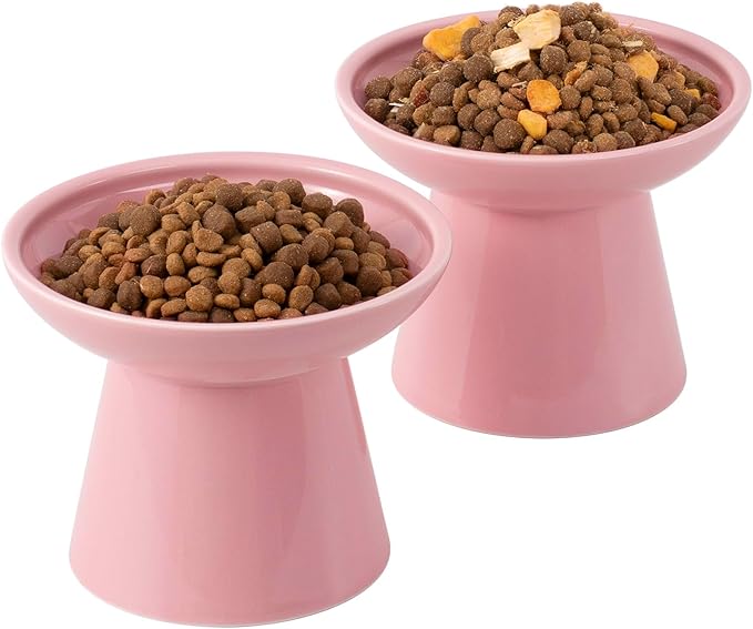 Extra Wide Elevated Ceramic Cat Bowl, 6.2" Shallow Dish for Whisker Fatigue Relief, 5" Height for Easy Feeding, Durable Raised Cat Food Bowls, Pack of 2, Pink-PurrikoPets