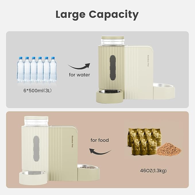 Gardner Pet Gravity Automatic 2-in-1 Pet Feeder, 0.8 Gallons*2 Cat Feeder and Water Dispenser Set, 100% BPA-Free Feeder and Stainless Steel Water Dispenser for Dogs, Cats, Rabbits, Puppies (Beige)-PurrikoPets