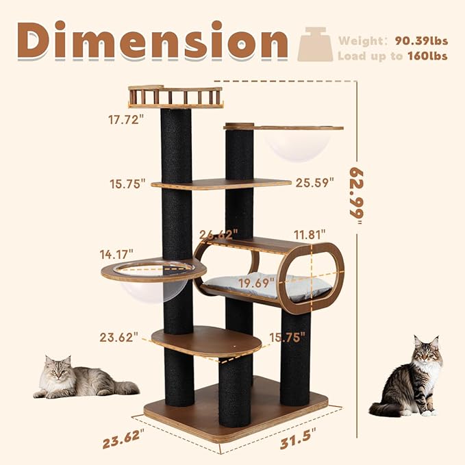 63'' Modern Cat Tree, Black Cat Tower with Scratching Post, Wooden Cat Tree for Indoor Cats Large Adult, Luxury Cat Furniture, Heavy Duty Activity Center with Transparent Bowl and Semi-Closed Condo-PurrikoPets