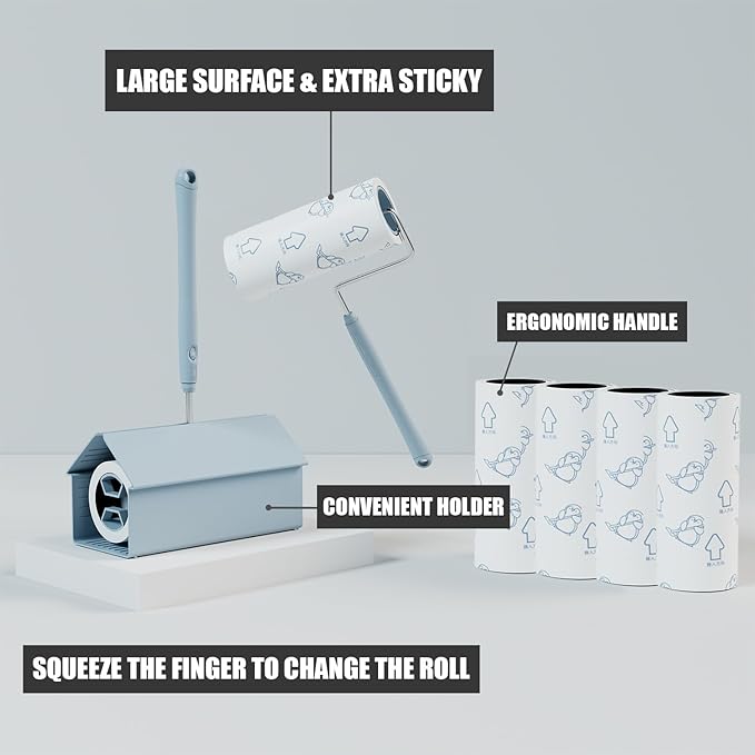 Extra Sticky Large Surface Lint Roller, 6.3'' Giant Lint Roller for Pet Hair, 360 Sheets/ 4 Refills, Long Handle Lint Remover for Clothes, Furniture (1 Roller + 360 Sheets)-PurrikoPets