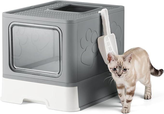 Enclosed Cat Litter Box, Large Litter Box for Big Cats, Covered Kitty Litter Boxes with Lid, Top Entry Cat Box Enclosure with Scoop, Odor Control, Easy to Clean(Grey)-PurrikoPets
