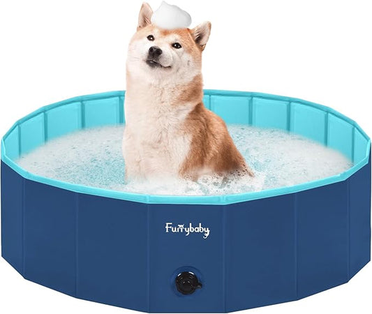 Furrybaby Dog Pool, Kiddie Pool with Hard Plastic Foldable Dog Bath Tub Portable for Dogs, Kids and Pet Swimming (Navy 39'') Indoor and Outdoor-PurrikoPets