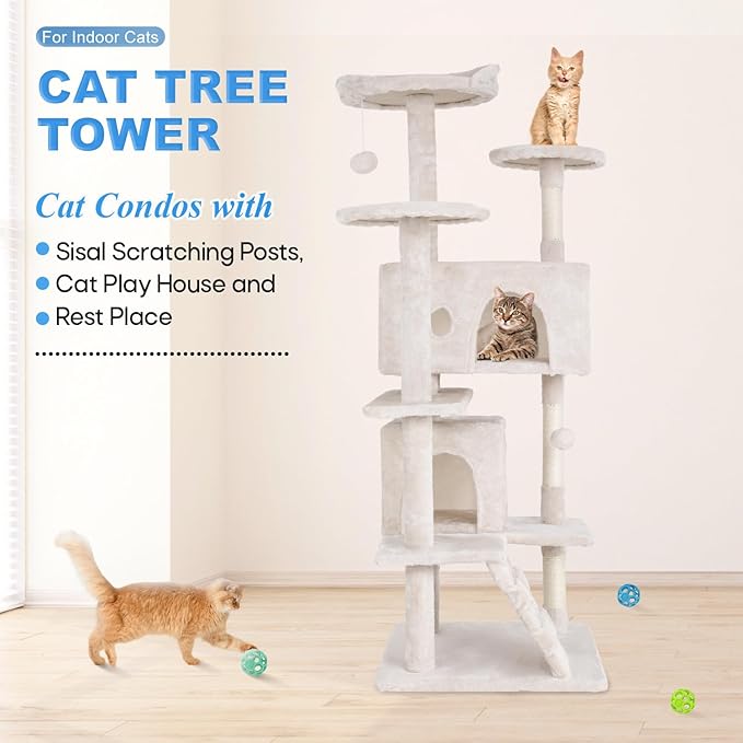 FDW Cat Tree 54in Cat Tower Multi-Level Durable Cat Scratching Post & Cozy Fun Cat Jumping Platform Space Saving Cat Condo Pet Play House for Indoor Cats,Beige-PurrikoPets