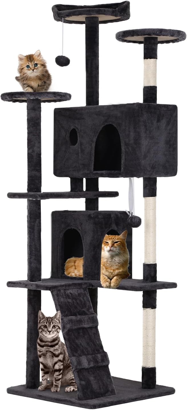 70 inches Cat Tower for Indoor Cats Multi-Level Cat Condos for XL Cat Tree Cat Climbing Tower with Scratching Posts, Hanging Toys,Dark Gray-PurrikoPets