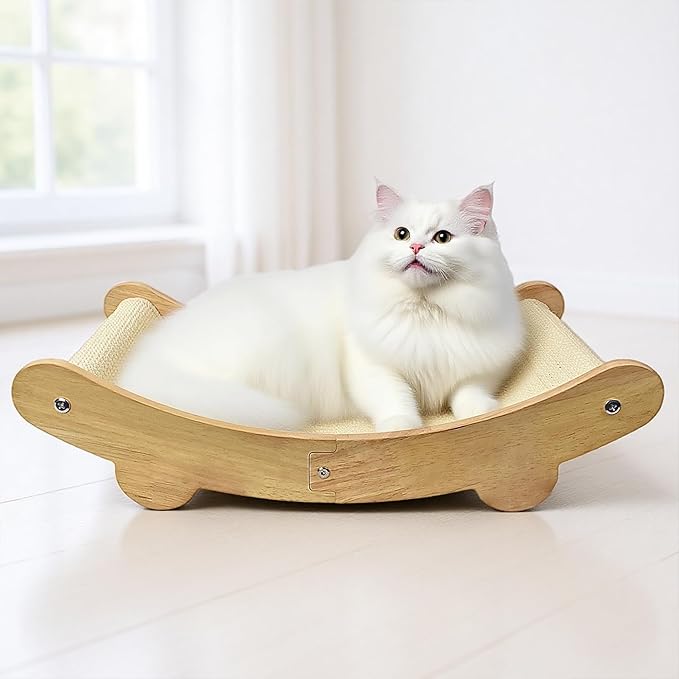 2-in-1 Sisal Cat Scratcher Bed for Indoor Large Cats – Hammock Lounge with Natural Sisal Pad, Wooden Cat Furniture for Scratching and Resting-PurrikoPets