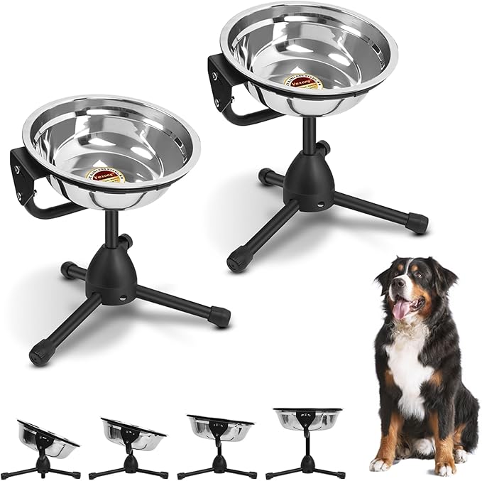 2 Pack Elevated Bowls With Adjustable Metal Stand, Medium Size for Dogs 30-70 lbs, 0.5 Gal 2 Liter, Stainless Steel Food Water Bowl, Height Adjustable Non-Slip Raised Set-PurrikoPets