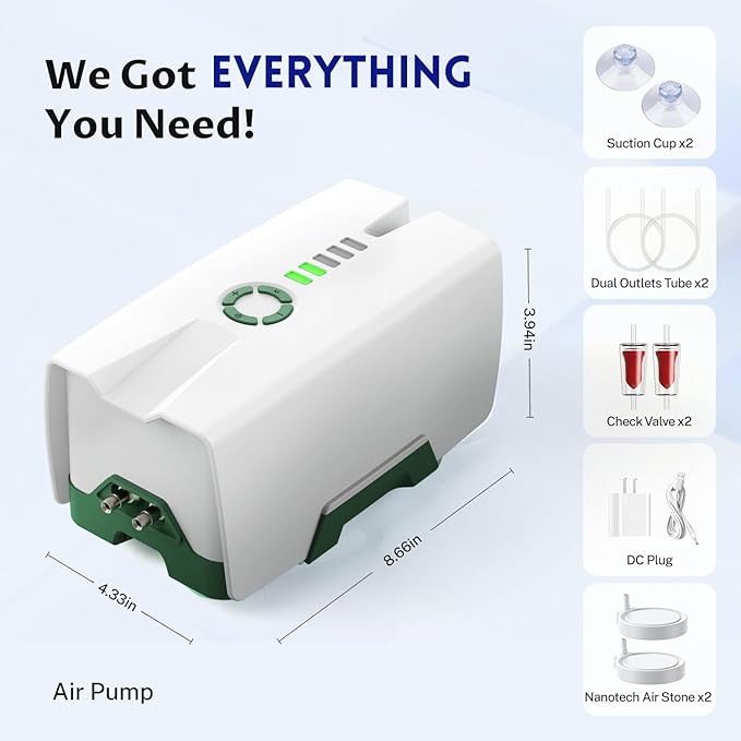 Ghosthorn Quiet AC/DC Aquarium Air Pump 12000mAh Battery Powered Aquarium Bubbler with 87 Hours Battery Life 2-Outlet Rechargeable Bait Aerator Adjustable Oxygen Pump, Power Outages and Emergency-PurrikoPets