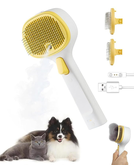 FURGO 3-in-1 Pet Steam Brush for Dogs & Cats – Reduces Static, Replaceable Heads, One-Touch Hair Ejection, Dog Spray Brush for Shedding Control(Long&Short)-PurrikoPets