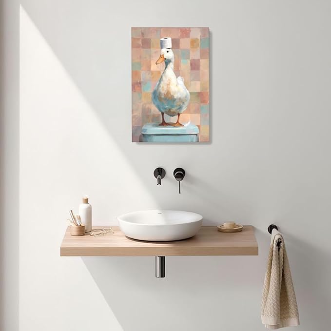 Funny Duck Bathroom Wall Art Cute Duck on Toilet Canvas Wall Decor Funny Quirky Farm Animal Pictures Painting Print Framed Artwork Decorations Gifts for Bathroom 16"x24"-PurrikoPets