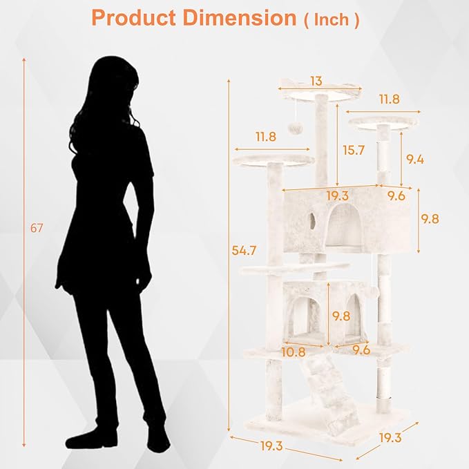 54.7 inches Cat Tower for Indoor Cats, Multi-Level Cat Condos with Scratching Posts, Hanging Toys, Beige-PurrikoPets