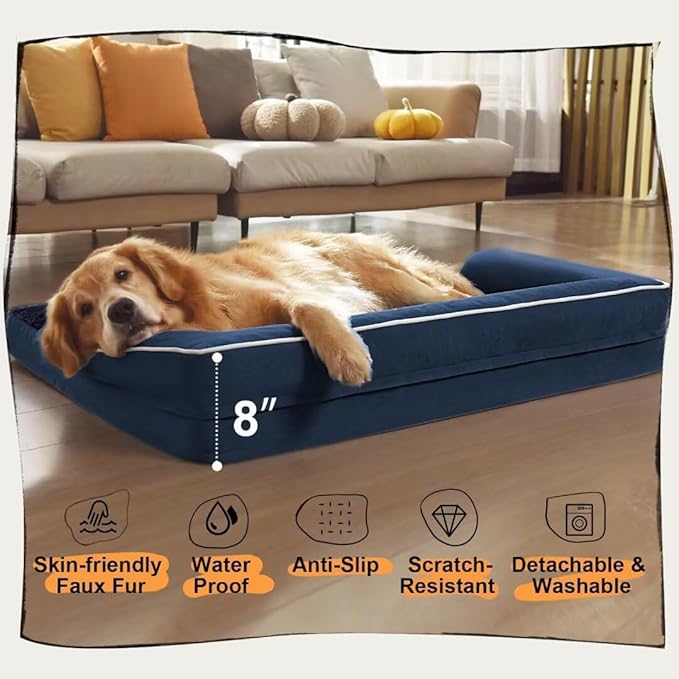 Extra Large Dog Bed-Orthopedic Waterproof XL Dog Bed for XLarge Extra Big Dogs - Foam Couch Sofa Washable with Removable Cover-Navy Blue-PurrikoPets