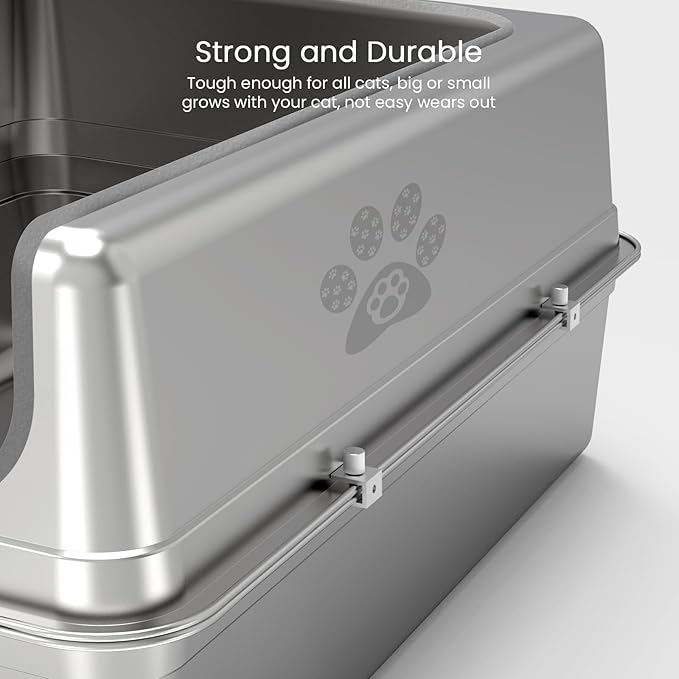 Enclosed Stainless Steel Cat Litter Box with Lid, Oversize Metal Litter Box for Multi Cats, Extra XXL Cat Toilet with High Side, Non-Stick, Anti-Leakage, Odorless, with Cat Litter Mat & Litter Scoop-PurrikoPets