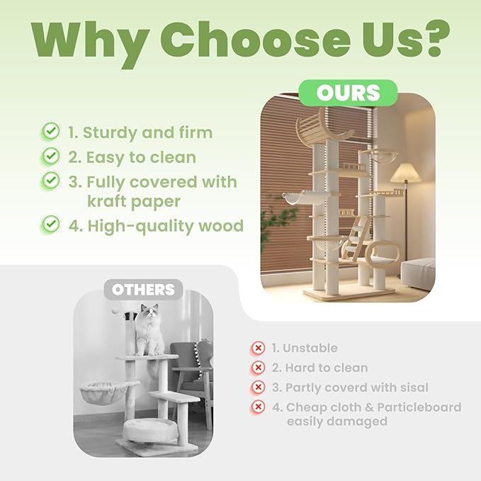 82.7'' Large Cat Tree, Modern Cat Tower with Scratching Post, Luxury Cat House, Wood Cat Tree for Indoor Cats Large Adult, Multi-Level Activity Center with Hammock, Clear Bowl, Semi-Closed Condo-PurrikoPets