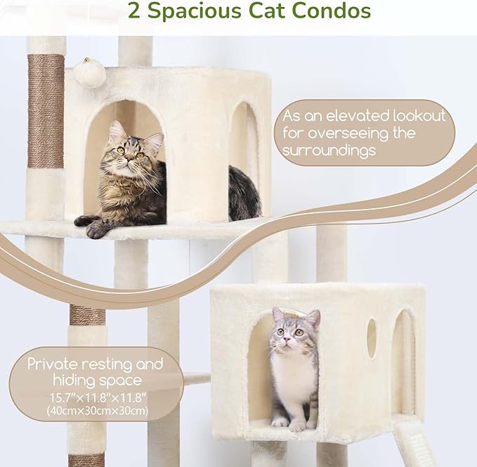Globlazer Heavy Duty Cat Tree Tower, 70inch Sturdy Cat Tree for Indoor Cats Sturdy Large Cat Tower with Scratching Post and Scratching Board, Hammock, Cat Condo for Adult Cats Kittens, F70 Pro, Beige-PurrikoPets