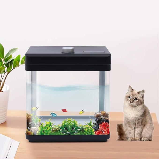 1.5 Gallon Fish Tank Starter Kits, Low Noise Betta Fish Tank with Fil-TER LED Light Submersible Pu-mp, Glass Small Fish Tank Smart Aquarium kit with Dimmer Button Water Temperature Display-PurrikoPets