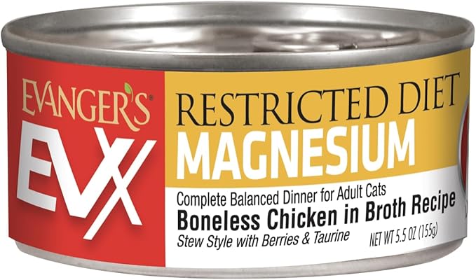 Evanger’s EVX Restricted Diet Magnesium Canned Cat Food – 24 Count, 5.5 oz Cans Each – Boneless Chicken in Broth with Berries – Grain Free, Limited Ingredients, Stew Style-PurrikoPets