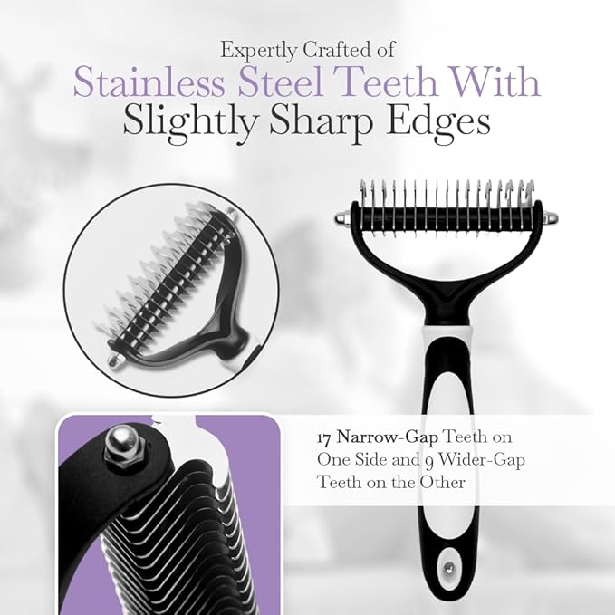 Fuller Brush Dual-Head Dematting Pet Comb - Stainless Steel Teeth with Slightly Sharp Edges - 7 Narrow-Gap & 9 Wider-Gap on Other Side - Use to Remove Stubborn Fur & For Grooming Dogs & Cats-PurrikoPets