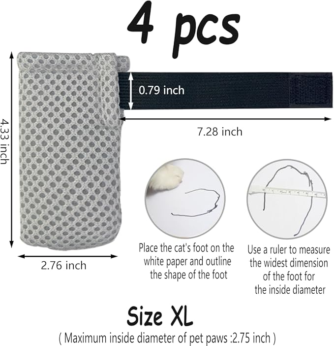4 PCS Cat Mittens to Prevent Scratching,Mesh Breathable Cat Shoes,Adjustable Cats Anti Scratch Gloves,Suitable for Cats When Bathing and Nail Trimming(XL,Grey)-PurrikoPets