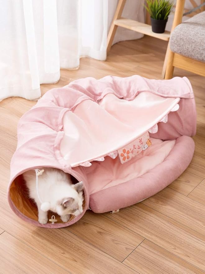 2 in 1 Cat Tunnel Bed Tube with Cushion and Plush Ball Toy Playground Crinkle Collapsible for Large Cats Kittens Kitty Puppy Small Dog Foldable Soft Pet Play Bed Indoor Outdoor- Pink Cat Tunnel Bed-PurrikoPets