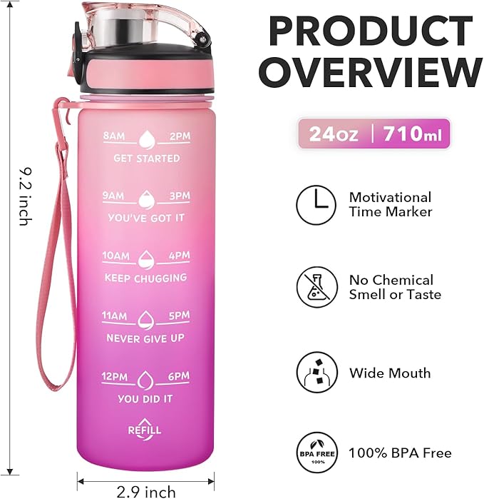 Enerbone Water Bottle, Leakproof BPA & Toxic Free, Motivational Water Bottle with Times to Drink and Straw, Fitness Sports Water Bottle with Strap for Office, Gym, Outdoor Sports-PurrikoPets