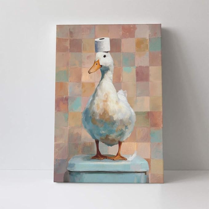 Funny Duck Bathroom Wall Art Cute Duck on Toilet Canvas Wall Decor Funny Quirky Farm Animal Pictures Painting Print Framed Artwork Decorations Gifts for Bathroom 16"x24"-PurrikoPets