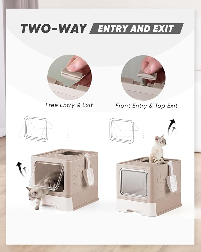 Enclosed Cat Litter Box, Large Litter Box for Big Cats, Covered Kitty Litter Boxes with Lid, Top Entry Cat Box Enclosure with Scoop, Odor Control, Easy to Clean(Coffee)-PurrikoPets