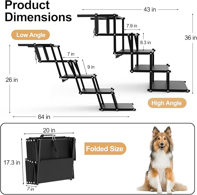 Extra Wide 5 Steps Dog Stairs for Large Dogs, Foldable Dog Ramp for Car with Non-Slip Surface, Lightweight Dog Stairs for Cars, Dog Steps for Cars, SUV, High Beds, Truck, Supports up to 250 lbs-PurrikoPets