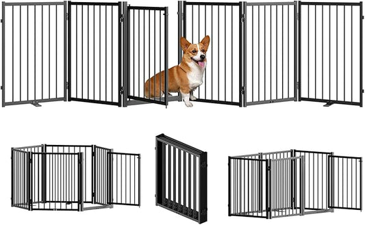 Full Metal Freestanding Dog Gate with Door, 24'' Height Foldable Pet Dog Fence for Indoor & Outdoor, 6 Panels Extra Wide Free Standing SmallDog Gates for Doorways,House,Stairs,Porch,Deck,Yard-PurrikoPets
