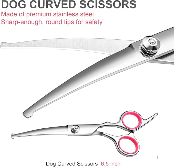 Dog Grooming Kit with Safety Round Tips Stainless Steel Professional Dog Shears Set - Thinning, Curved Scissors and Comb for Cat Pet-PurrikoPets