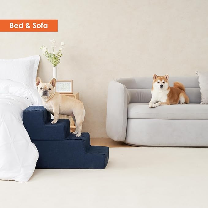 EHEYCIGA Dog Stairs for Bed 20" H, 4-Step Extra Wide Dog Steps for High Bed, Pet Steps for Small Dogs and Cats, Non-Slip Balanced Pet Ramp Indoor, Navy Blue-PurrikoPets