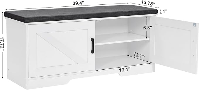 2-Tier Storage Bench, Shoe Bench with Padded Seat Cushion, Entryway Bench with 2 Barn Doors, Adjustable Shelf, 13.8" D x 39.4" W x 17.7" H, for Entryway, Living Room, Bedroom, White-PurrikoPets