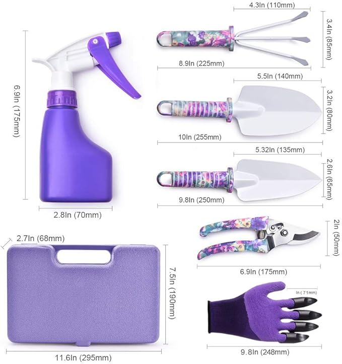 6 Pieces Garden Tools Set Planting Tools, Non-Slip Handle with Anti-Rust Trowel, Cultivator, Pruning Shear, Water Sprayer and Carrying Case, Gloves with Claws-PurrikoPets