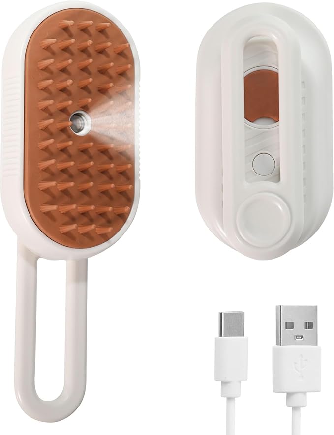 3-in-1 Cat Steam Brush, Rechargeable Cat Brush with Steam, Spritz Defur Comb for Dogs, Spritz Defur Comb for Cats (White)-PurrikoPets